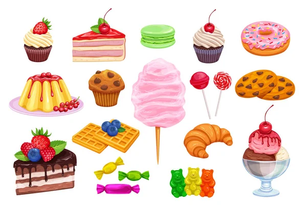 病媒设置糖果和糖果图标 棒棒糖 冰激凌加糖果 杏仁和布丁 甜甜圈和棉花糖 华夫饼 饼干和果冻 — 图库矢量图片