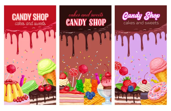 海报模板与糖果和糖果 棒棒糖 冰激凌加糖果 金瓜仁和布丁 甜甜圈和棉花糖 华夫饼 饼干和果冻 — 图库矢量图片