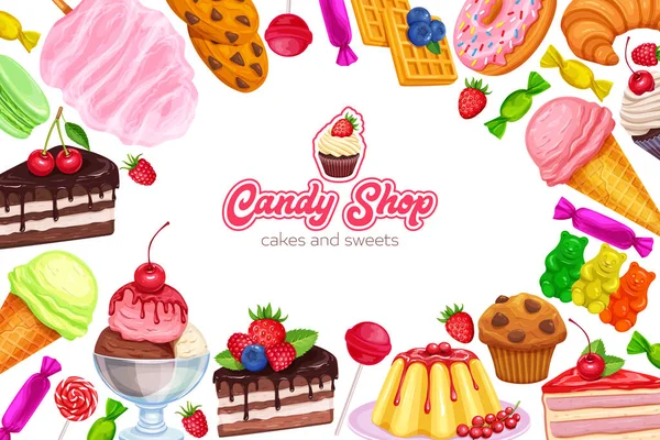 Vector Pagina Ontwerp Banner Snoep Snoep Pictogrammen Donut Suikerspin Muffin — Stockvector