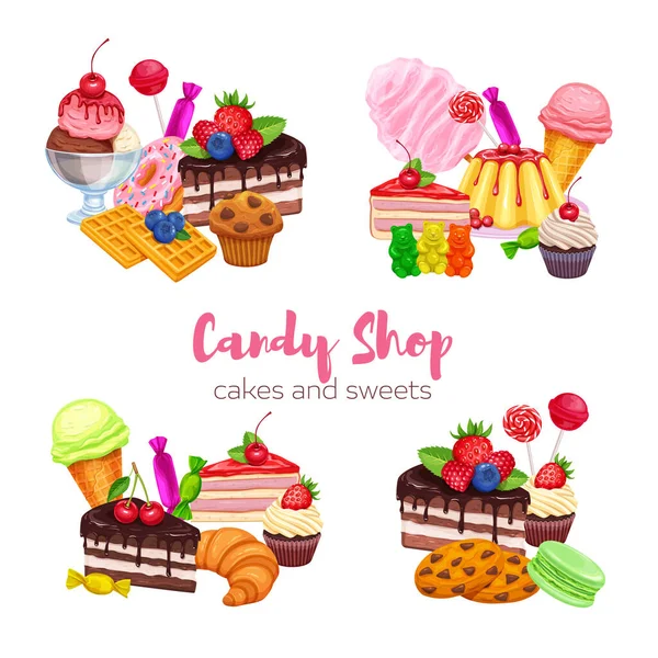 Banner Mit Süßigkeiten Und Süßigkeiten Symbolen Dessert Lutscher Eis Mit — Stockvektor