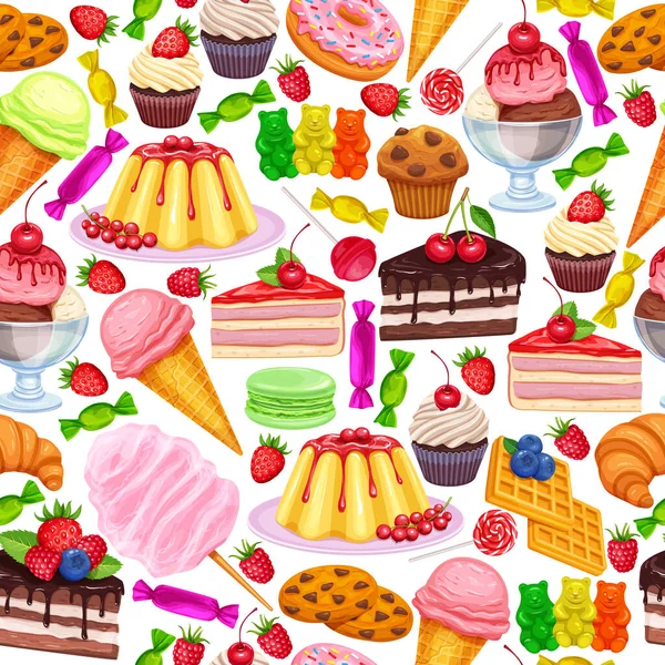 病媒无缝模式与糖果和糖果图标 棒棒糖 冰激凌加糖果 杏仁和布丁 甜甜圈和棉花糖 华夫饼 饼干和果冻 — 图库矢量图片
