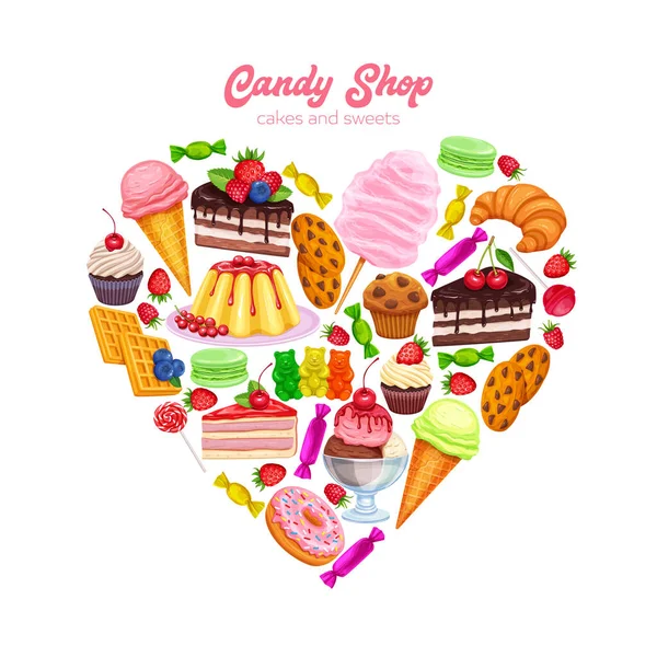 Cartel Dulces Confitería Forma Corazón Vector Diseño Donut Cotton Candy — Vector de stock