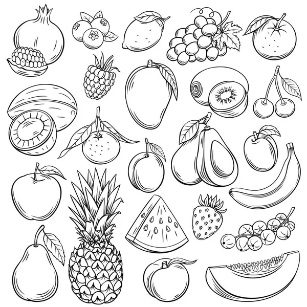 Conjunto Iconos Frutas Bayas Bosquejo Vectorial Colección Estilo Retro Decorativo — Vector de stock