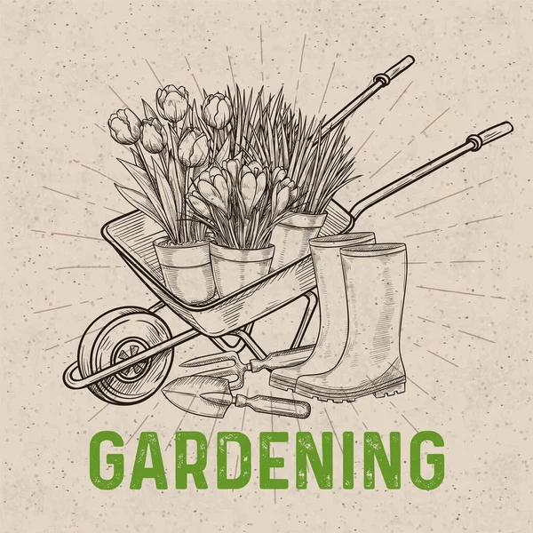 손으로 정원가꾸기를 바로우 Wheelbarrow 도구들은 스케치 스타일로 분사기가 분리되다 — 스톡 벡터