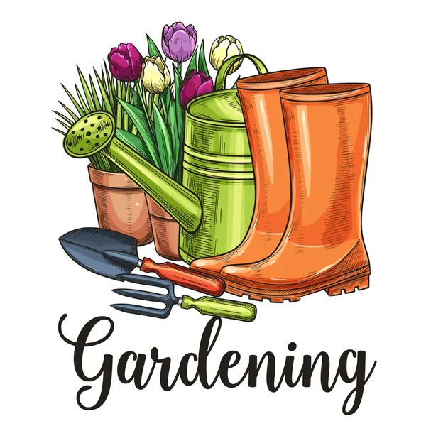 Handgezeichnetes Gartenbanner Gießkanne Blumen Töpfen Gartengeräte Und Gummistiefel Sketch Stil — Stockvektor