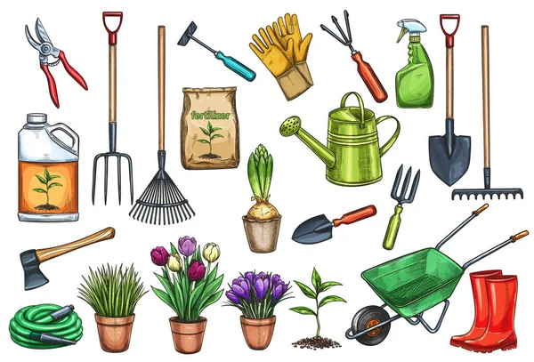 Outils Jardinage Fleurs Illustration Vectorielle Dans Style Croquis Bottes Caoutchouc — Image vectorielle