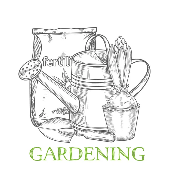 Banner Jardinería Dibujado Mano Regadera Fertilizante Jacinto Herramienta Jardín Estilo — Vector de stock