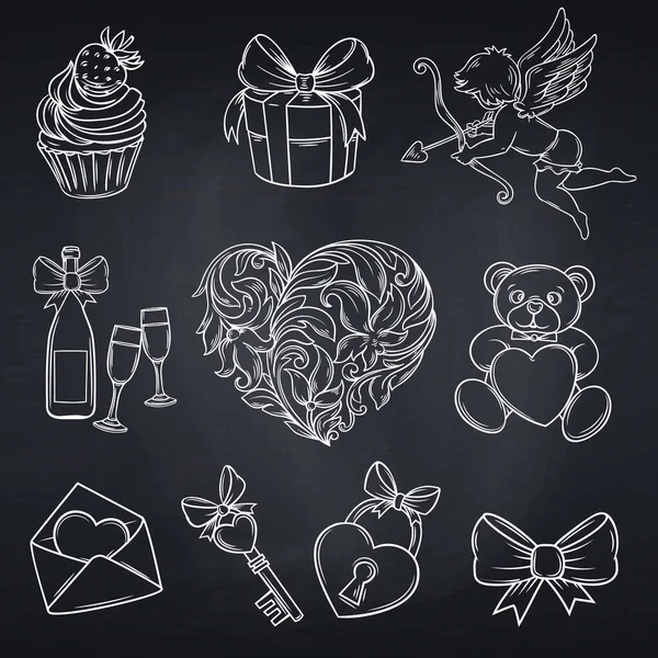 Handgezeichnete Valentinstags Ikonen Cupcake Geschenk Amor Champagner Und Gläser Skizziere — Stockvektor