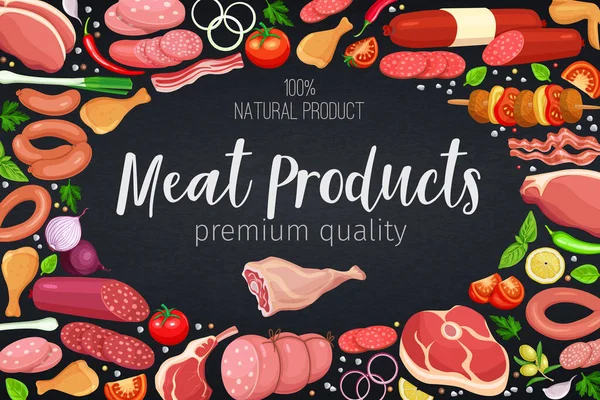 Gasztronómiai Húsipari Termékek Zöldséggel Fűszerekkel Plakát Sablon Élelmiszer Hústermeléshez Prospektusokhoz — Stock Vector