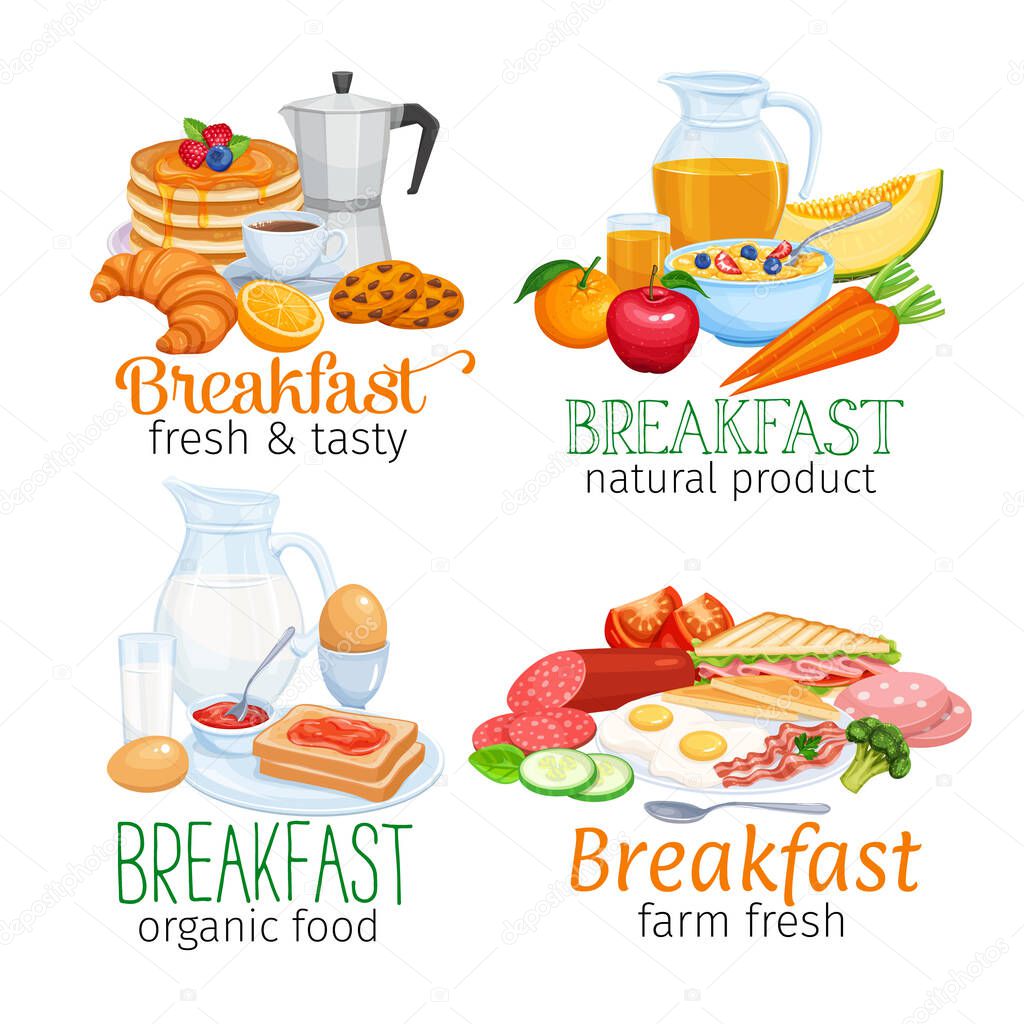 Breakfast banners template food design vector. Jug of milk, coffee pot, cup, fruits and vegetables. Baking, orange juice, sandwich and fried eggs. Pancakes and toast with jam.