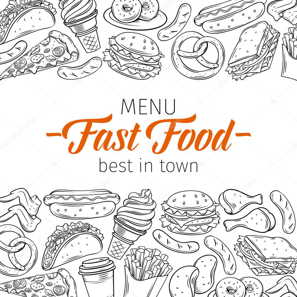 Fast food template and page design for menu design. Vector hand illustration with snacks, hamburger, fries, hot dog, tacos, coffee, sandwich, ice cream in sketch style.