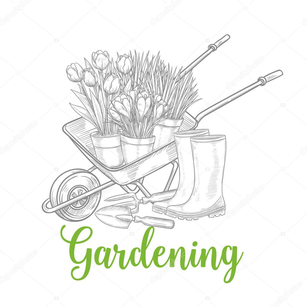 Hand drawn gardening banner. Wheelbarrow, flowers, rubber boots and garden tools in a sketch style. Vector isolated llustration.