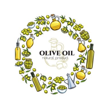 Elle çizilmiş zeytin, ağaç dalları, cam şişe, sürahi, metal dağıtıcı ve çiftçi market ambalaj tasarımı için zeytin yağı içeren bir poster şablonu. Retro biçiminde vektör illüstrasyonu.