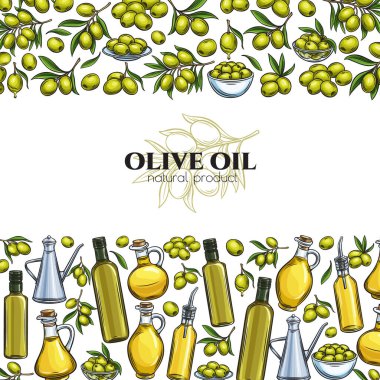 Elle çizilmiş zeytin, ağaç dalları, cam şişe, sürahi, metal dağıtıcı ve çiftçi market ambalaj tasarımı için zeytin yağı içeren sayfa tasarımı şablonu. Mürekkep retro biçiminde vektör illüstrasyonu.