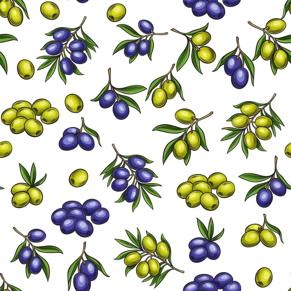 病媒手绘无缝图案与橄榄和树枝设计食品和橄榄油标签 复古风格的说明 — 图库矢量图片