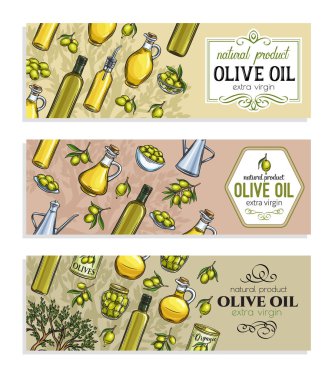 Elle çizilmiş zeytin, ağaç dalları, cam şişe, sürahi, metal dağıtıcı ve çiftçi market ambalaj tasarımı için zeytin yağı içeren afiş şablonu. Mürekkep retro biçiminde vektör illüstrasyonu.