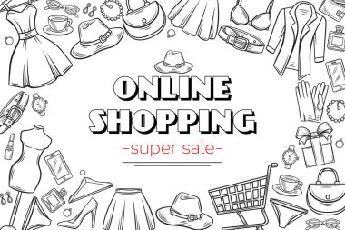 Moda çevrimiçi alışveriş sayfası şablonu tasarımı. Elbise, ruj, parfüm, el arabası, ayakkabı, giysi ve çanta, hediye, şapka, saat ve gözlük. Vektör İllüstrasyonu