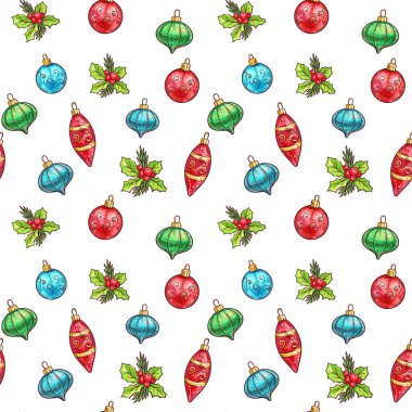 Noel topları ve çobanpüskülü Noel desenli. Robot resim biçiminde vektör illüstrasyonu.