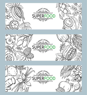 Vektör illüstrasyon süper yiyecek böğürtlen ve meyve pankartı şablonu. Kamuflaj, garcinia cambogia ve maca sağIıklı detoks. Keçiboynuzu, zencefil, moringa, lucuma, coji üzümü, mangosteen, guarana ve noni.