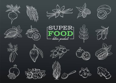 Vektör çizimi süper yiyecek simgeleri ayarlandı. Lucuma, coji berry, mangosteen ve maca 'nın el yapımı sağlıklı detoks ürünü. Keçiboynuzu, kamuflaj, sarsinya kamuflajı, zencefil, moringa, acai, guarana ve noni.