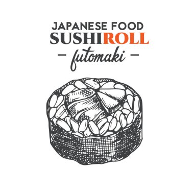 Futomaki suşi yuvarlama skeci. Somon havyarlı geleneksel Japon yemek ikonu. İzole edilmiş el çizimi vektör çizimi.