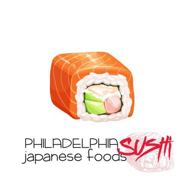 Philadelphia suşisi. Somon balığı filetosu ile geleneksel Japon yemek ikonu. İzole vektör illüstrasyonu.