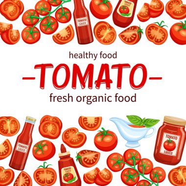 Kırmızı domatesli sayfa tasarımı şablonu ve soslu dilimler. Menü pazarı ve tarım ürünü için vektör sebzeler .