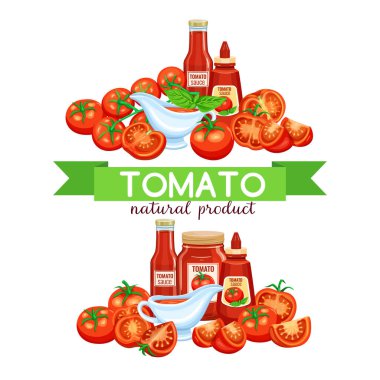 Pankartlar kırmızı domatesli ve soslu. Menü pazarı ve tarım ürünü için vektör sebzeler .