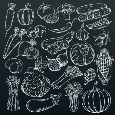 Elle çizilmiş sebze ikonlarını hazırlayın. Restoran menüsü, pazar etiketi için dekoratif retro çizim tarzı tarım ürünü koleksiyonu.
