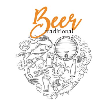 Bar yemekleri ve bira elleri kalp şeklinde pankart çizmiş. Yengeç, ıstakoz, karides, balık, tavuk kanadı ve bacağı olan vektör alkol ve atıştırmalık posteri bira kulübü menüsü için kraker ve cips.