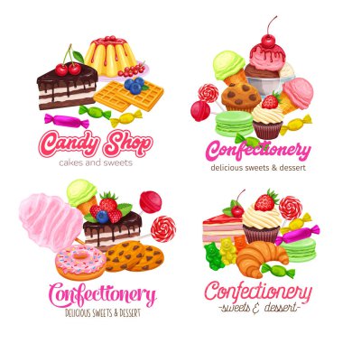 Şekerleme ve bayraklı pankartlar. Tatlı, lolipop, şekerli dondurma, makaron ve puding. Donut ve pamuk şeker, kek, waffle, bisküvi ve jöle..