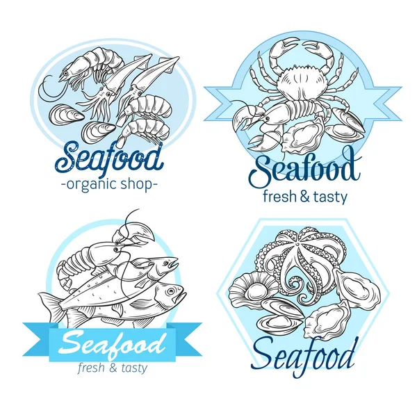 Vector Banner Label Hand Drawn Seafood Design Mussel Fish Salmon — Stock Vector