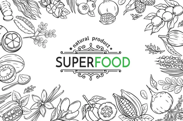 Ilustração Vetorial Bagas Superfood Frutas Modelo Cartaz Carob Gengibre Moringa — Vetor de Stock