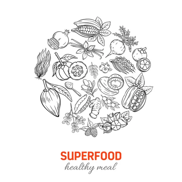 Wektor Ręcznie Rysowane Superfood Okrągły Plakat Zdrowy Detox Naturalny Produkt — Wektor stockowy