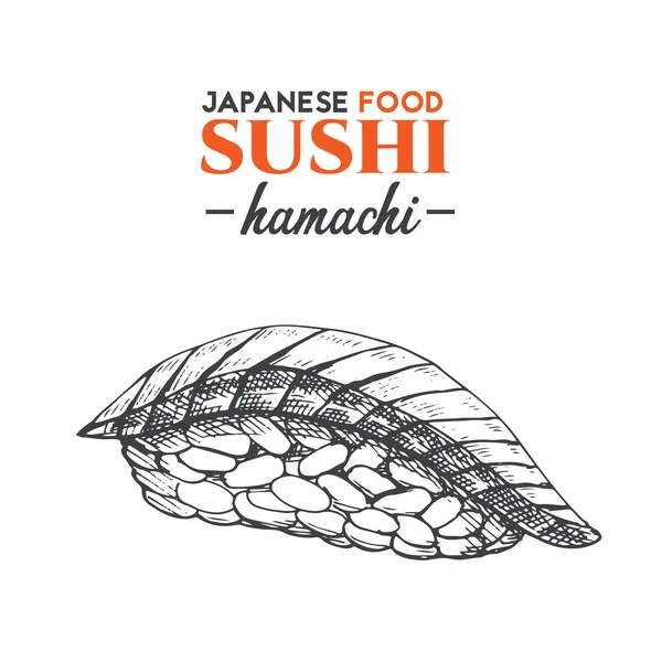 Hamachi Sushi Schiţă Pictograma Tradițională Japoneză Ilustrație Vectorială Trasă Manual — Vector de stoc