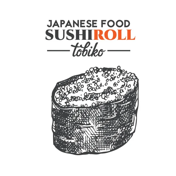 Tobiko Sushi Roll Sketch Icono Comida Tradicional Japonesa Con Caviar — Vector de stock