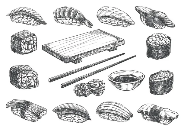 スケッチ寿司ロール 木製の下駄と箸を設定します 日本の伝統料理のアイコン 孤立した手描きベクトルイラスト — ストックベクタ