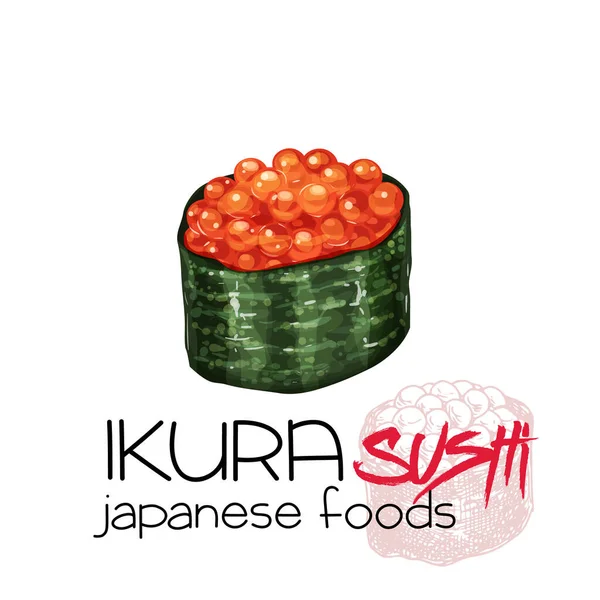 Sushi Ikura Icono Comida Tradicional Japonesa Con Caviar Salmón Ilustración — Vector de stock