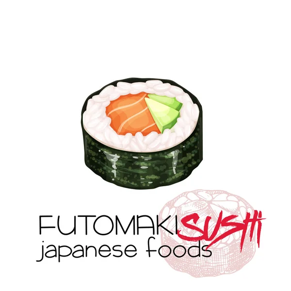Σούσι Φουτομάκι Ιαπωνικό Παραδοσιακό Εικονίδιο Φαγητού Χαβιάρι Σολομού Απομονωμένη Διανυσματική — Διανυσματικό Αρχείο