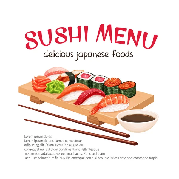 Vector Sushi Bar Munu Japonês Comida Promo Poster Ilustração Para — Vetor de Stock