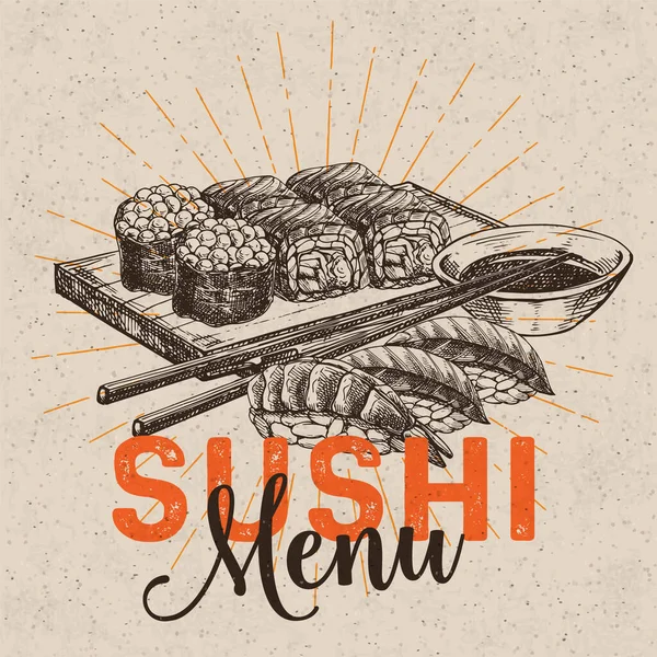 Χειροποίητο Σετ Σούσι Ιαπωνική Απεικόνιση Σκίτσο Τροφίμων Για Σούσι Ρολά — Διανυσματικό Αρχείο