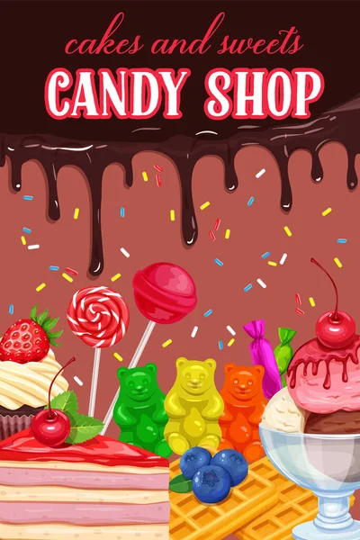 Plakat Mit Süßigkeiten Und Süßigkeiten Vector Lutscher Eis Donut Kuchen — Stockvektor