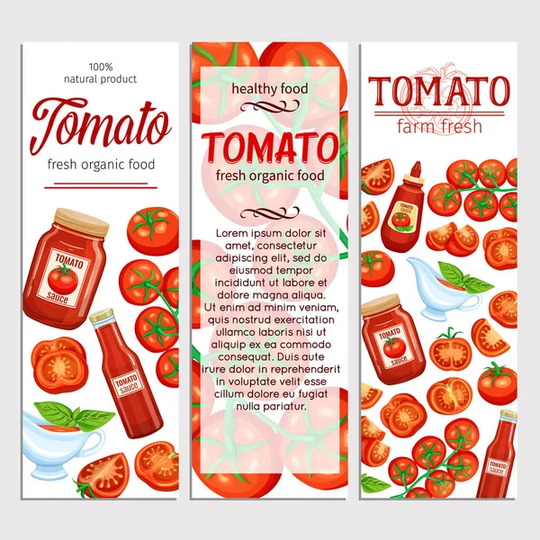 Rode Tomaten Tomaat Een Tak Plakjes Met Saus Banners Sjabloon — Stockvector