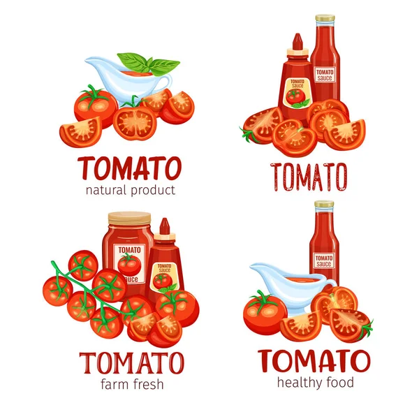 Rode Tomaten Tomaat Een Tak Plakjes Met Saus Banners Sjabloon — Stockvector