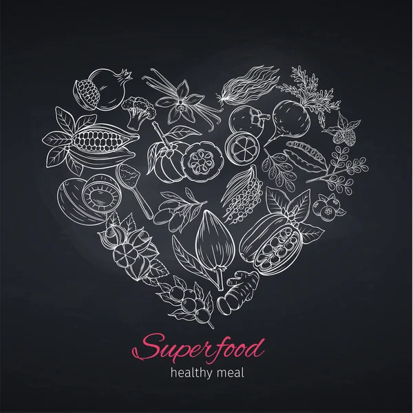 Taşıyıcı Kalp Posterinde Süper Yiyecekler Çiziyor Kamuflaj Garcinia Cambogia Maca — Stok Vektör
