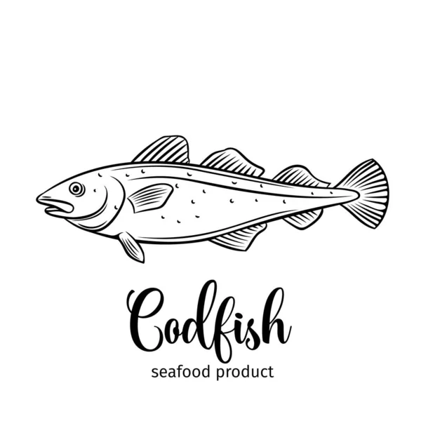 Vector Bacalao Icono Dibujado Mano Insignia Pescado Para Diseño Envases — Vector de stock