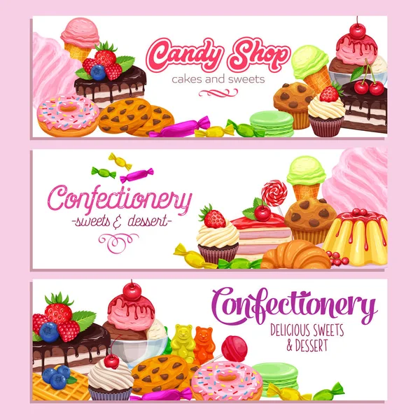 Confeitaria Doces Banners Modelo Vetor Design Donut Algodão Doce Muffin —  Vetores de Stock