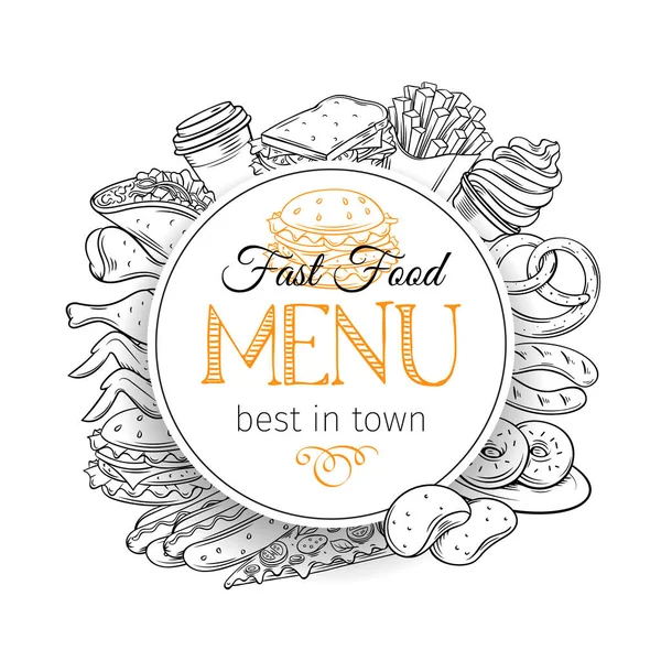 Modello Banner Cornice Rotonda Con Fast Food Progettazione Del Menu — Vettoriale Stock