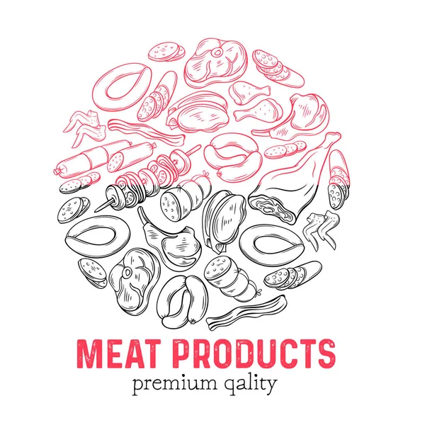 Modello Banner Rotondo Con Schizzo Disegnato Mano Prodotti Base Carne — Vettoriale Stock