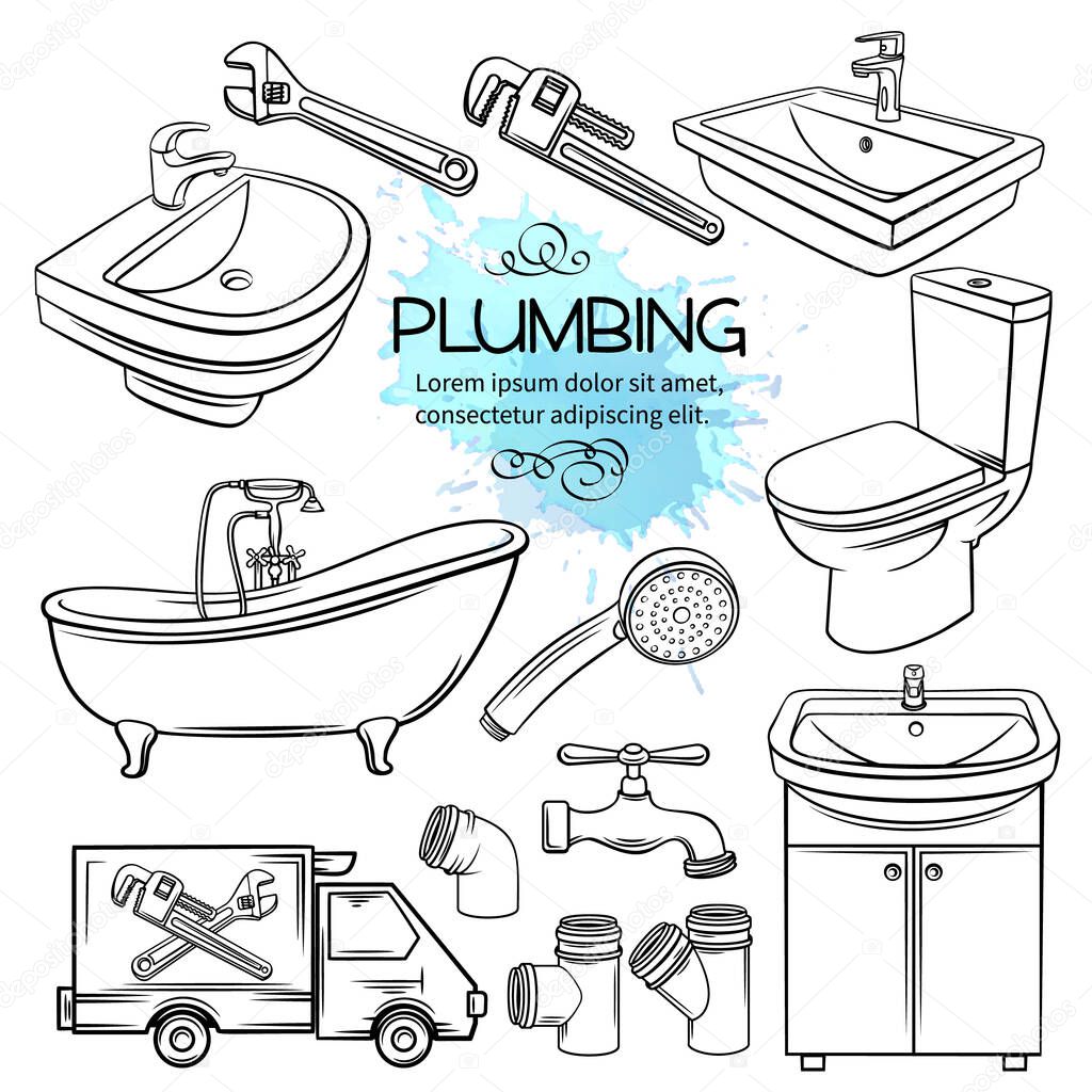 Plumbing icons. Hand drawn shower, bathroom sink, toilet, sanitary wrench and tap for house plumbing promotion design. Outline vector illustration.